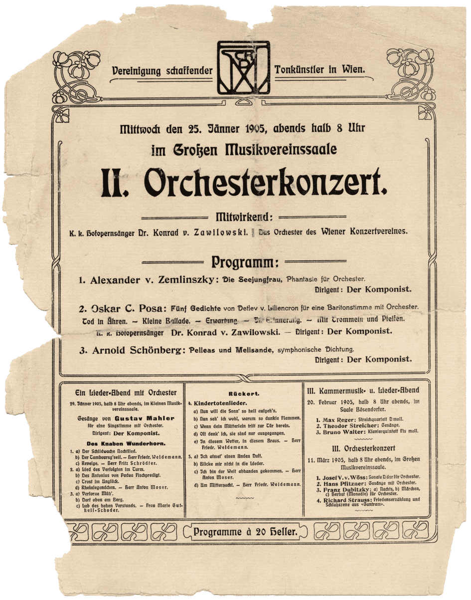 Affiche 25 janvier 1905 Schoenberg - Posa - Zemlinsky © Arnold Schönberg Center - flaneries musicales de reims